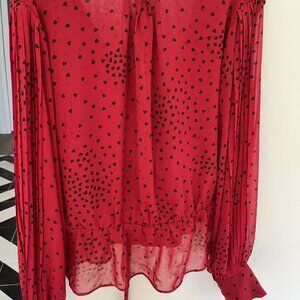 Express Women XL Red Polka Dot Silky V Neck Blouse Tunic Flounce NWOT